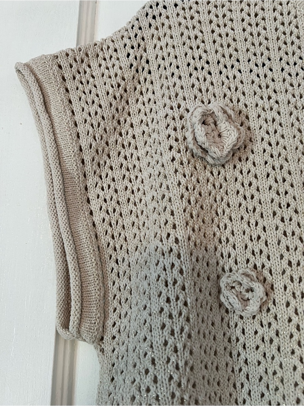 Open Knit Lightweight Sweater with Crochet Flower Details - Picture 4 of 10